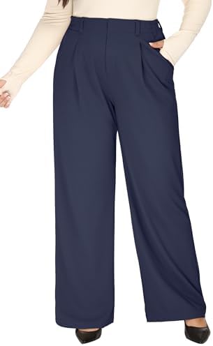1X-5X Plus Size Wide Leg Dress Pants Women Pull On Stretchy Work Pants