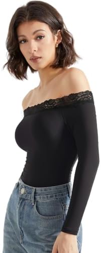 SUUKSESS Women Off Shoulder Long Sleeve Bodysuits Double Lined Basic Tops