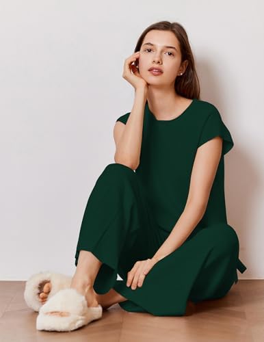 Ekouaer Lounge Sets for Women Two Piece Outfits Knit Cap Sleeve Tops Wide Leg Pleated Pants Casual Dressy Sweater Sets