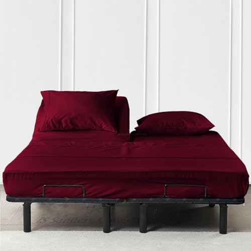 JS Sanders Collection 600TC Flex Top Queen Sheets for Sleep Number Bed - 100% Cotton 4 Pcs Top Split Queen Sheets for Adjustable Bed Queen 32 Inch Down Burgundy -18 Inch Deep