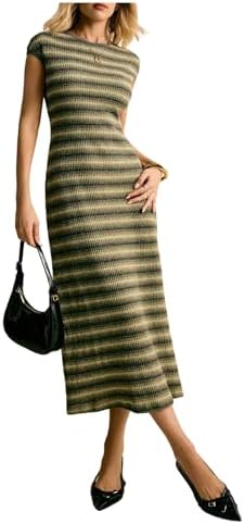 SOLY HUX Women's Striped Midi Dress Casual Work Knit Bodycon Summer Dresses
