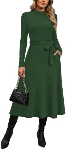 OFEEFAN Long Sleeve Dress Mock Neck Tie Waist Ribbed Knit Midi Dresses Fall Outfits