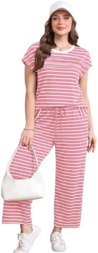WIHOLL Two Piece Sets for Women Summer Spring Travel Vacation Outfits Cap Sleeve Lounge Matching Sets Wide Leg Pants S-3XL