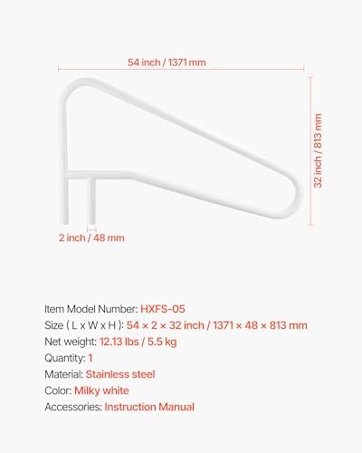VEVOR Pool Rail, 54 x 32 inch Pool Handrail, 220 lbs Load Capacity Heavy Duty Stainless Steel Swimming Handrail, Seamless Welding, Recessed or Base Mount, for Poolside, Water Parks, Spa Centers