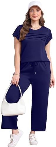 WIHOLL Two Piece Sets for Women Summer Spring Travel Vacation Outfits Cap Sleeve Lounge Matching Sets Wide Leg Pants S-3XL