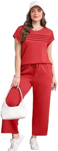 WIHOLL Two Piece Sets for Women Summer Spring Travel Vacation Outfits Cap Sleeve Lounge Matching Sets Wide Leg Pants S-3XL