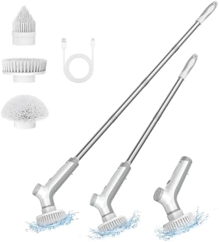 VEWIOR Electric Spin Scrubber with 3 Replacement Brushes, Cordless Shower Scrubber with Adjustable Handle and Power Dual Speed for Bathroom Tub Tile Grout