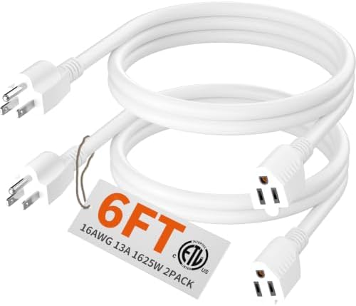 HUANCHAIN Indoor White Extension Cord 6FT 2Pc Waterproof 16/3 Gauge