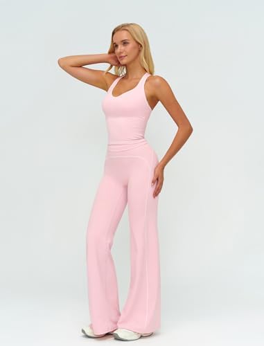 ABOCIW Two Piece Workout Sets for Women Racerback Tank Top Matching High Waist Wide Leg Yoga Pants Pilates Outfits