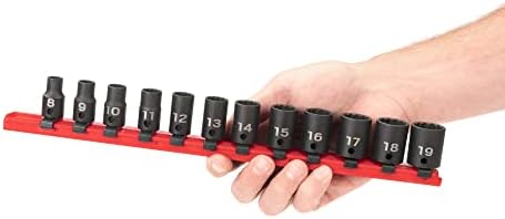 TEKTON 3/8 Inch Drive Impact Socket Set, 12-Piece | SID91110 | (8 - 19 mm), Shallow, 12-Point, Socket Rail