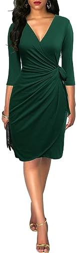 Berydress Women's 3/4 Sleeve V Neck Casual Party Work Faux Black Wrap Dress