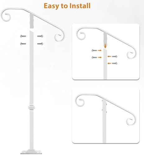 Handrail Railing, Single Post Handrail Fits 1 or 2 Steps, Sturdy Outdoor Stair Railing for Concrete&Wooden Steps with Base, Wrought Iron Stair Handrails, Grab Rail for Steps Porch, White | 38.8" Handrail Railing for Concrete&Wooden Steps with Base, Gra...