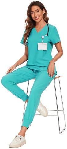 COZYFIT Scrubs for Women Set - Stretch V-Neck & Jogger Pant with 9 Pockets