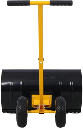 Campfun Snow Shovel with Wheels, 29" Heavy Duty Snow Pusher, Cushioned Adjustable Angle Handle Snow Removal Tool, Snow Plow with Anti-Skid Rubber Wheels for Driveway, Yard, Patio Snow Removal, Yellow