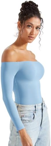 SUUKSESS Women Off Shoulder Long Sleeve Bodysuits Double Lined Basic Tops