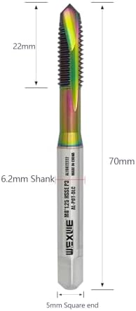 Tools M8 x 1.25 Spiral Point Threading Tap, Metric Machine Threading Tap High Speed Steel Cobalt(HSSCo) With DLC Coating, Round Shank with Square End， H2 Tolerance, 2pcs
