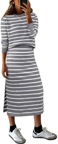 ANRABESS Women 2 Piece Striped Sweater Skirt Set