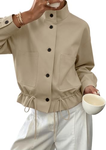 Womens Funnel Neck Jackets Fall Casual Ruffle Hem Cropped Coats