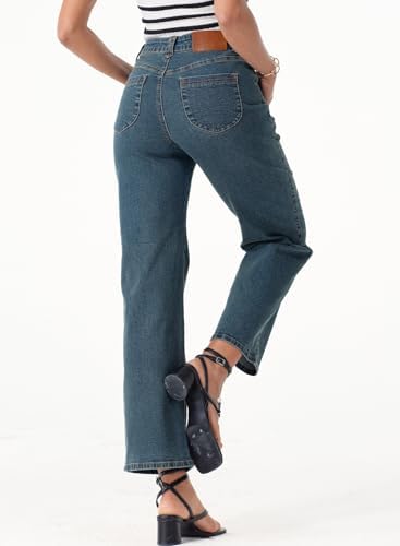 Sidefeel Women's Straight Leg Jeans High Waisted Stretchy Jeans Zimbaplatinum Wide Leg Ankle Denim Pants with Pockets