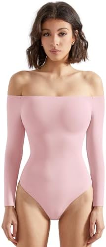 SUUKSESS Women Off Shoulder Long Sleeve Bodysuits Double Lined Basic Tops