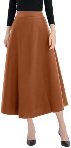 IDEALSANXUN Womens Plaid Wool Skirts Elastic Waist A-Line Pleated Tartan Long Skirts