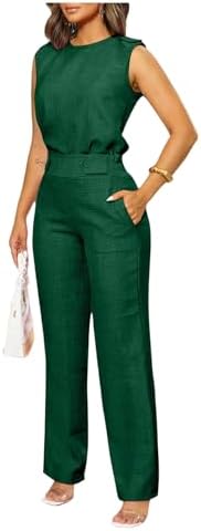 Floerns Women's 2 Piece Sets Dressy Outfits Bussiness casual Crew Neck Sleeveless Blouse and Elegant Pants Set