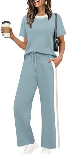 WIHOLL 2 Piece Lounge Sets for Women Matching Set Summer Outfits Short Sleeve Tops Wide Leg Pants with Pockets
