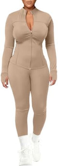 UOUA Womens Workout Set 2 Piece Outfit Bodycon Gym Tracksuit