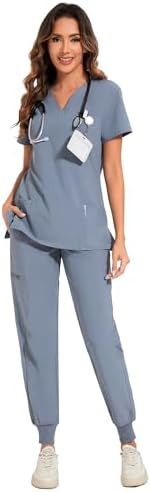 COZYFIT Scrubs for Women Set - Stretch V-Neck & Jogger Pant with 9 Pockets