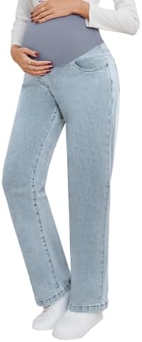 fitglam Women's Maternity Jeans Straight Leg Relaxed Fit Over Belly Pregnancy Denim Work Pants Maternity Clothes with Pockets