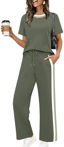 WIHOLL 2 Piece Lounge Sets for Women Matching Set Summer Outfits Short Sleeve Tops Wide Leg Pants with Pockets