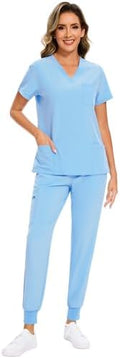 COZYFIT Scrubs for Women Set - Stretch V-Neck & Jogger Pant with 9 Pockets