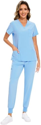 COZYFIT Scrubs for Women Set - Stretch V-Neck & Jogger Pant with 9 Pockets