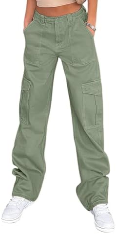 Lepunuo Cargo Pants for Women High Waisted Casual Pants Baggy Stretchy Wide Leg Y2K Streetwear with 6 Pockets