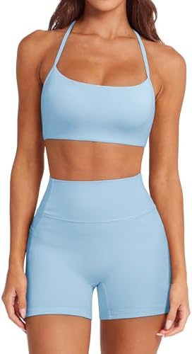 SUUKSESS Women 2 Piece Workout Sets Padded Halter Sports Bras High Waisted Biker Shorts with Pockets
