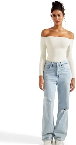 SUUKSESS Women Off Shoulder Long Sleeve Bodysuits Double Lined Basic Tops