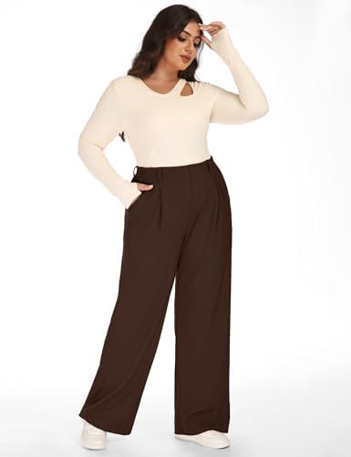 1X-5X Plus Size Wide Leg Dress Pants Women Pull On Stretchy Work Pants