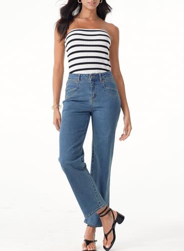 Sidefeel Women's Straight Leg Jeans High Waisted Stretchy Jeans Zimbaplatinum Wide Leg Ankle Denim Pants with Pockets