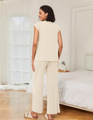 Ekouaer Lounge Sets for Women Two Piece Outfits Knit Cap Sleeve Tops Wide Leg Pleated Pants Casual Dressy Sweater Sets