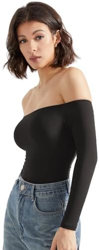 SUUKSESS Women Off Shoulder Long Sleeve Bodysuits Double Lined Basic Tops