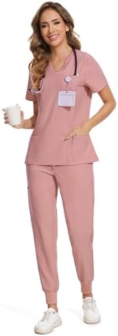 COZYFIT Scrubs for Women Set - Stretch V-Neck & Jogger Pant with 9 Pockets