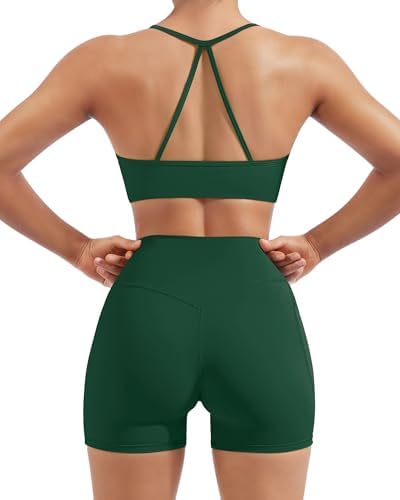 SUUKSESS Women 2 Piece Workout Sets Padded Halter Sports Bras High Waisted Biker Shorts with Pockets