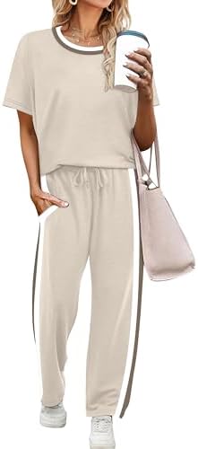 WIHOLL 2 Piece Lounge Sets for Women Matching Set Summer Outfits Short Sleeve Tops Wide Leg Pants with Pockets