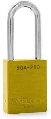 PACLOCK's 90A-PRO Padlock, 1/4" Diameter Hard. Steel Shackle, 2" Tall, High Performance 7-Pin Cylinder w/ 1 Key, Keyed Alike, Yellow