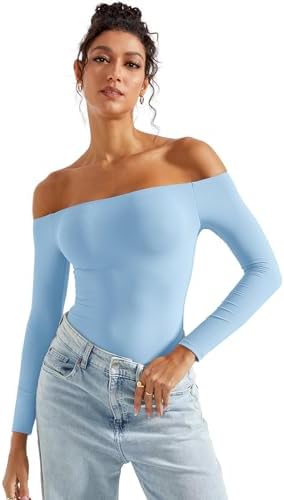 SUUKSESS Women Off Shoulder Long Sleeve Bodysuits Double Lined Basic Tops