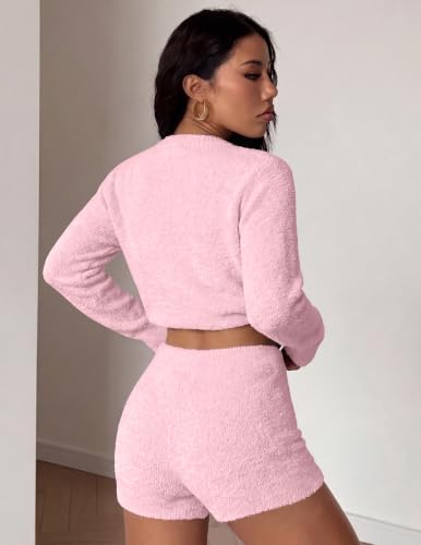 Ekouaer Fuzzy Fleece Pajamas 2 Piece Warm Soft Lounge Set Long Sleeve Sweater Top and Shorts Loungewear Outfits Sweatsuits