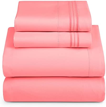 Hearth & Harbor King Size Sheets - 4 Piece Bed Sheet Set, Hotel Luxury Double Brushed Bed Sheets - Extra Soft Bedding Sheets & Pillowcases, King, Coral Pink
