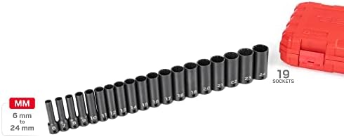 TEKTON 3/8 Inch Drive Impact Socket Set, 19-Piece | SID91307 | (6 - 24 mm), Deep, 12-Point, Case