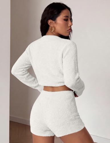 Ekouaer Fuzzy Fleece Pajamas 2 Piece Warm Soft Lounge Set Long Sleeve Sweater Top and Shorts Loungewear Outfits Sweatsuits