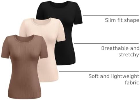 Ficerd 3 Pack Women's Ribbed Short Sleeve T-Shirts